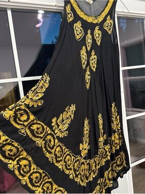 Black Maxi Dress with Gold Embroidered Motif
